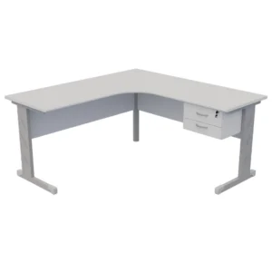 Mesa para Escritório delta em L com 2 Gavetas Corporativa Home Office 140x140cm 15 mm pés aço reforçado gaveteiro com chave