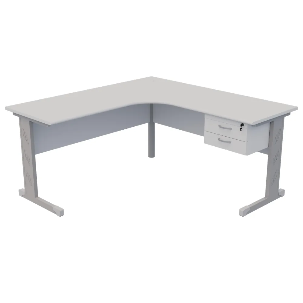 Mesa para Escritório delta em L com 2 Gavetas Corporativa Home Office 140x140cm 15 mm pés aço reforçado gaveteiro com chave